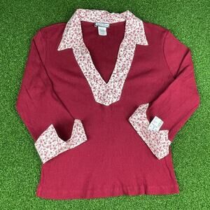 Vintage Y2K NWT Aqua Blues Maroon Floral Detail 1/2 Sleeve V Neck Blouse Sz L